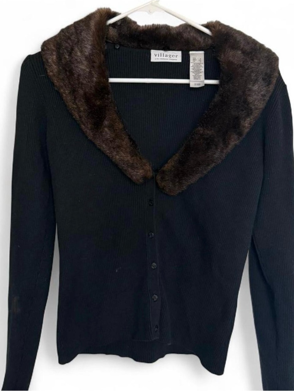 y2k Black Ribbed Faux Fur Collar Cardigan Sweater Cotton
